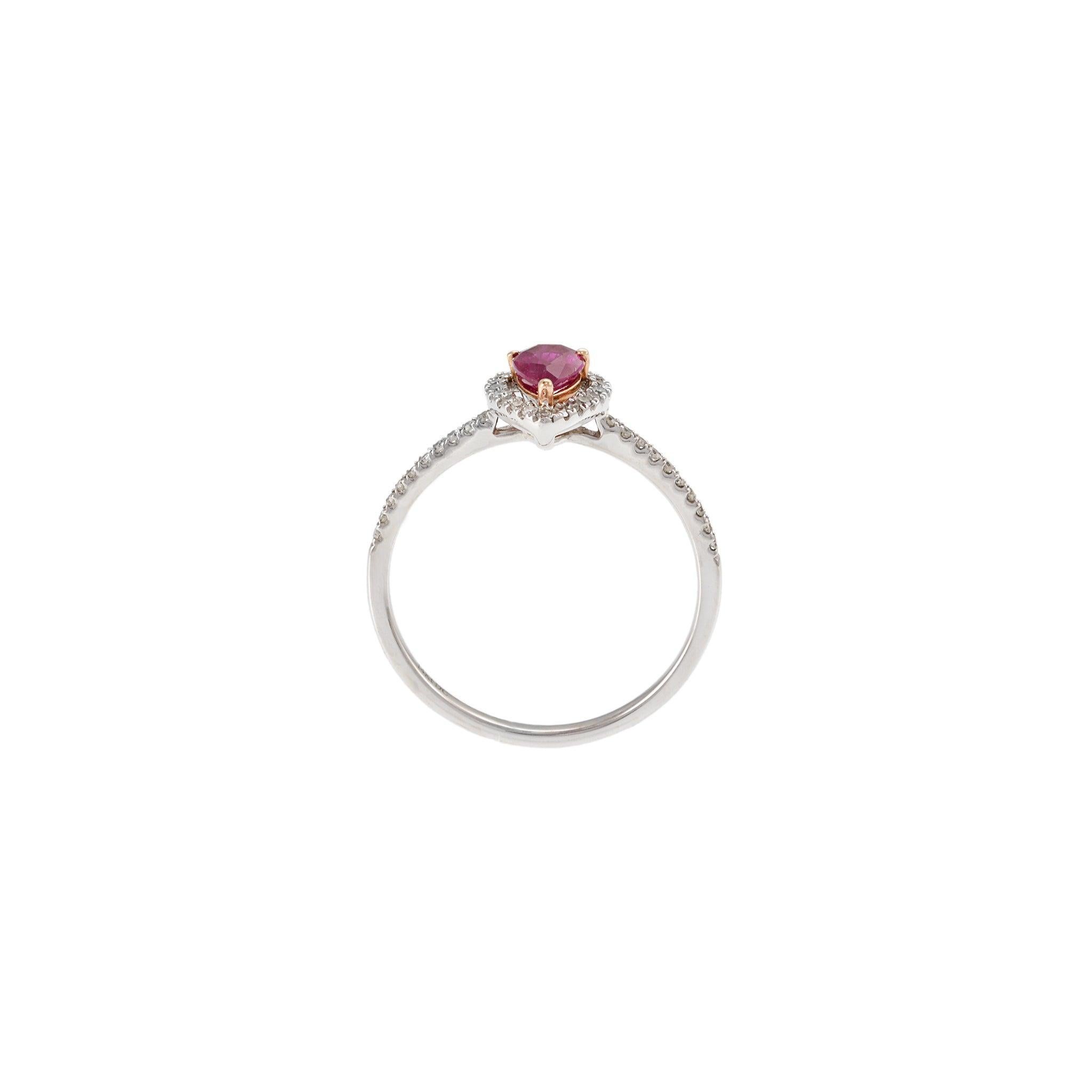 14KT White Gold Pear Shape Ruby and Diamond Halo Ring In New Condition For Sale In New York, NY