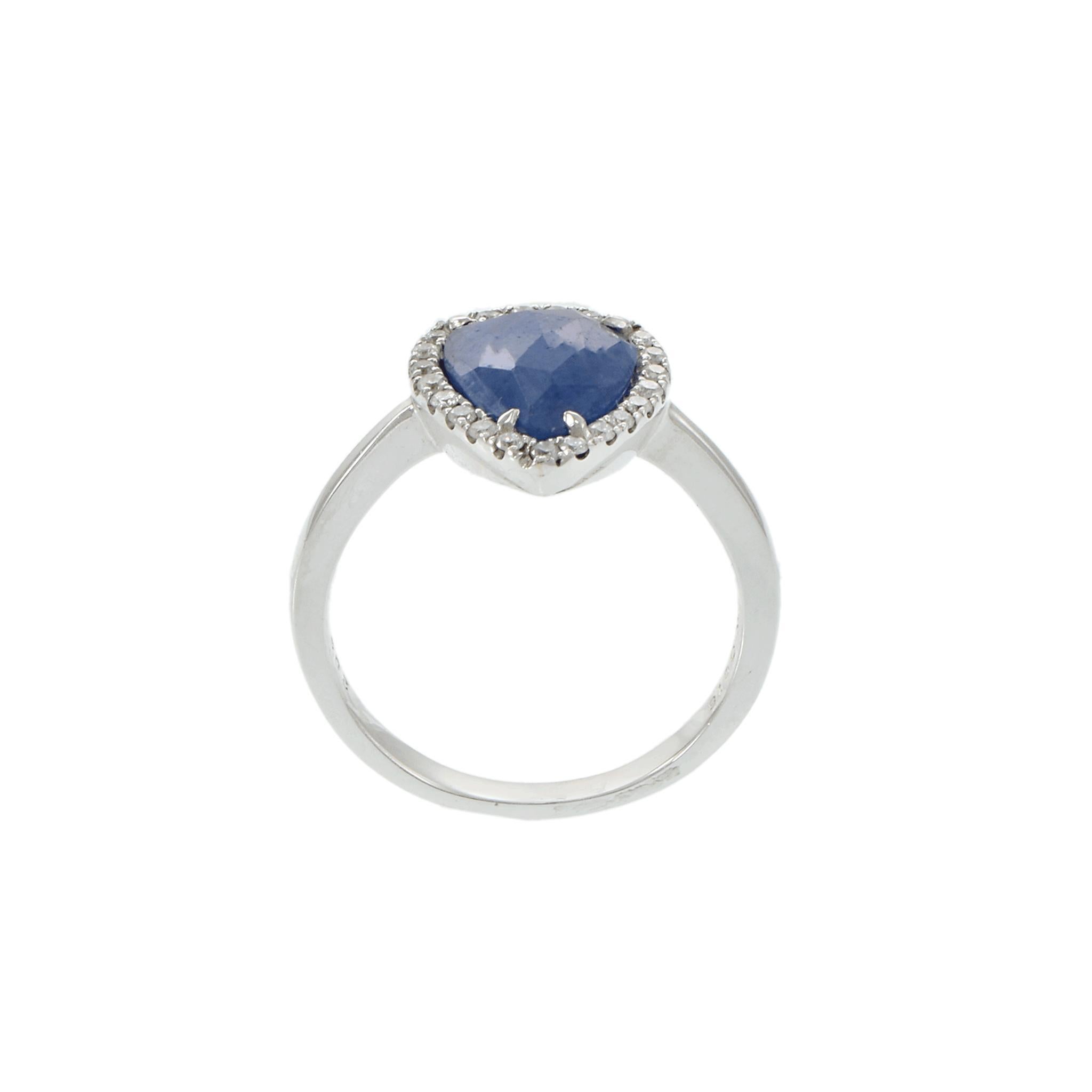 Contemporary 14KT White Gold Pear Shape Sapphire and Diamond Halo Ring For Sale