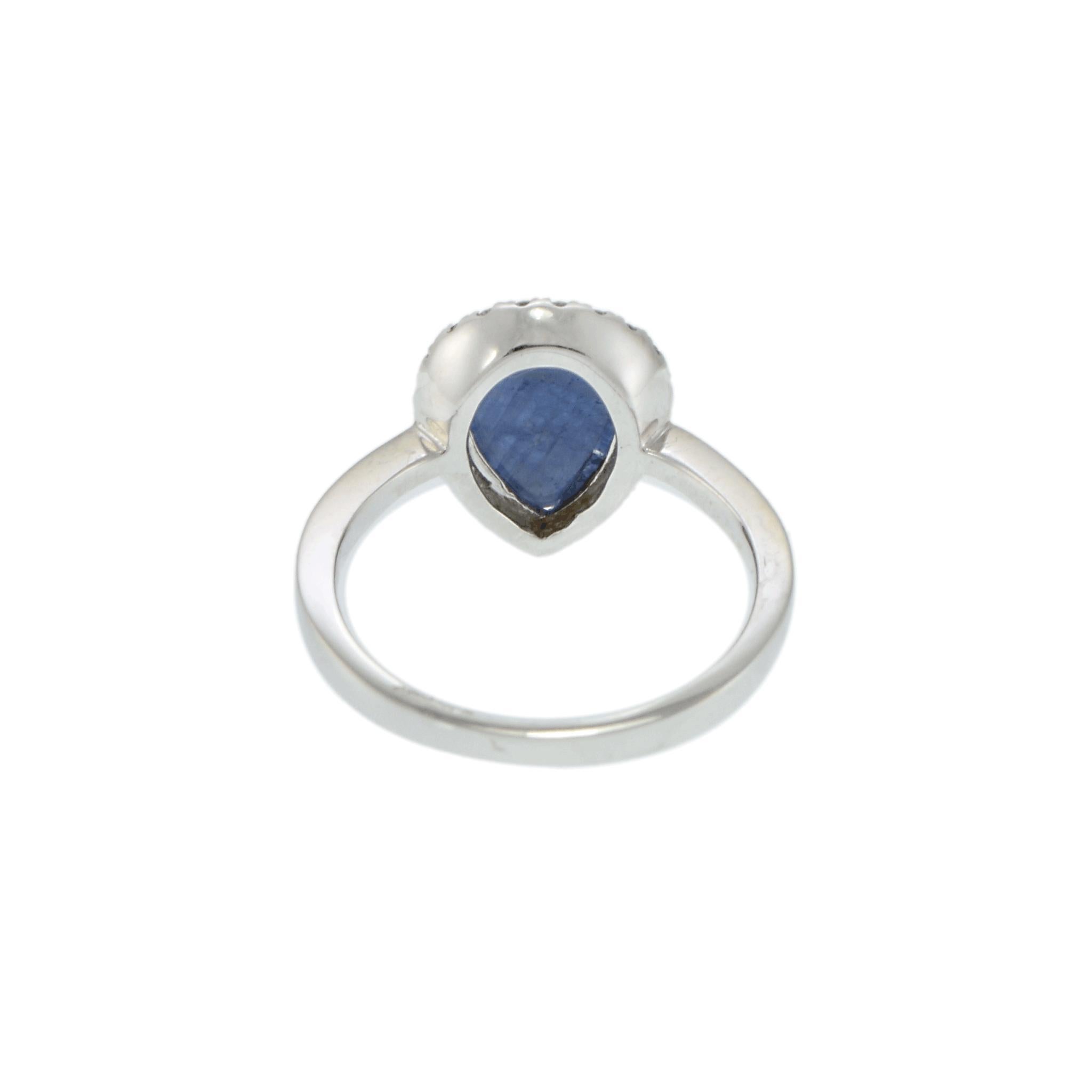 14KT White Gold Pear Shape Sapphire and Diamond Halo Ring In New Condition For Sale In New York, NY