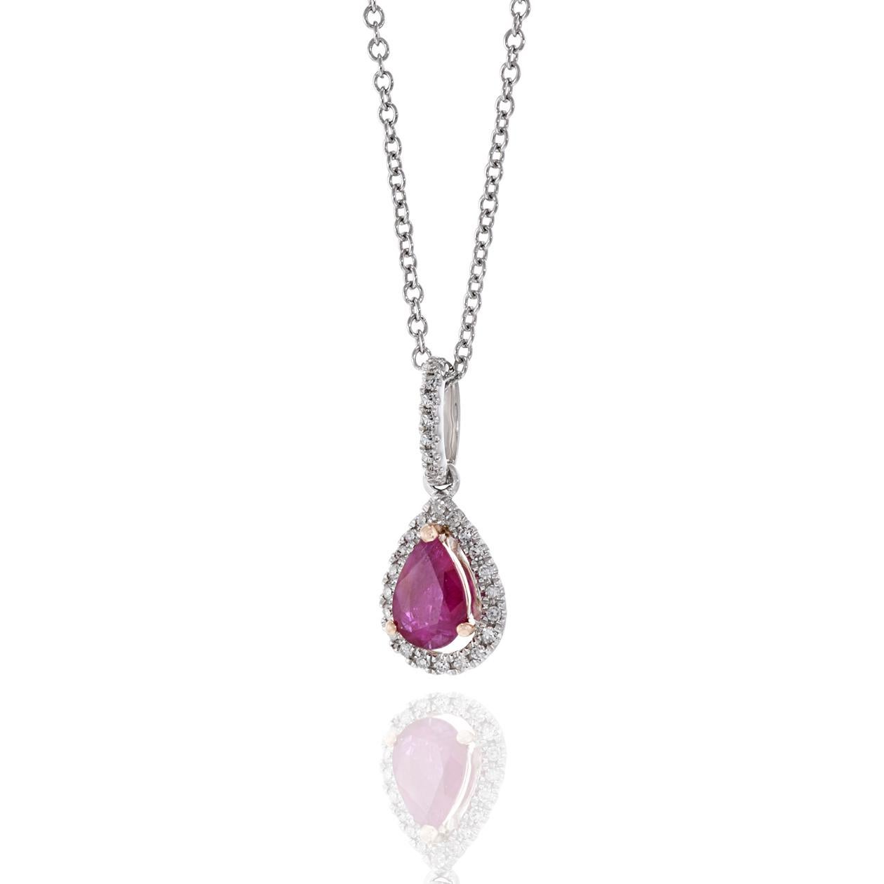 Colgante de oro blanco de 14 quilates con forma de pera, rubí y diamantes Moderno en venta