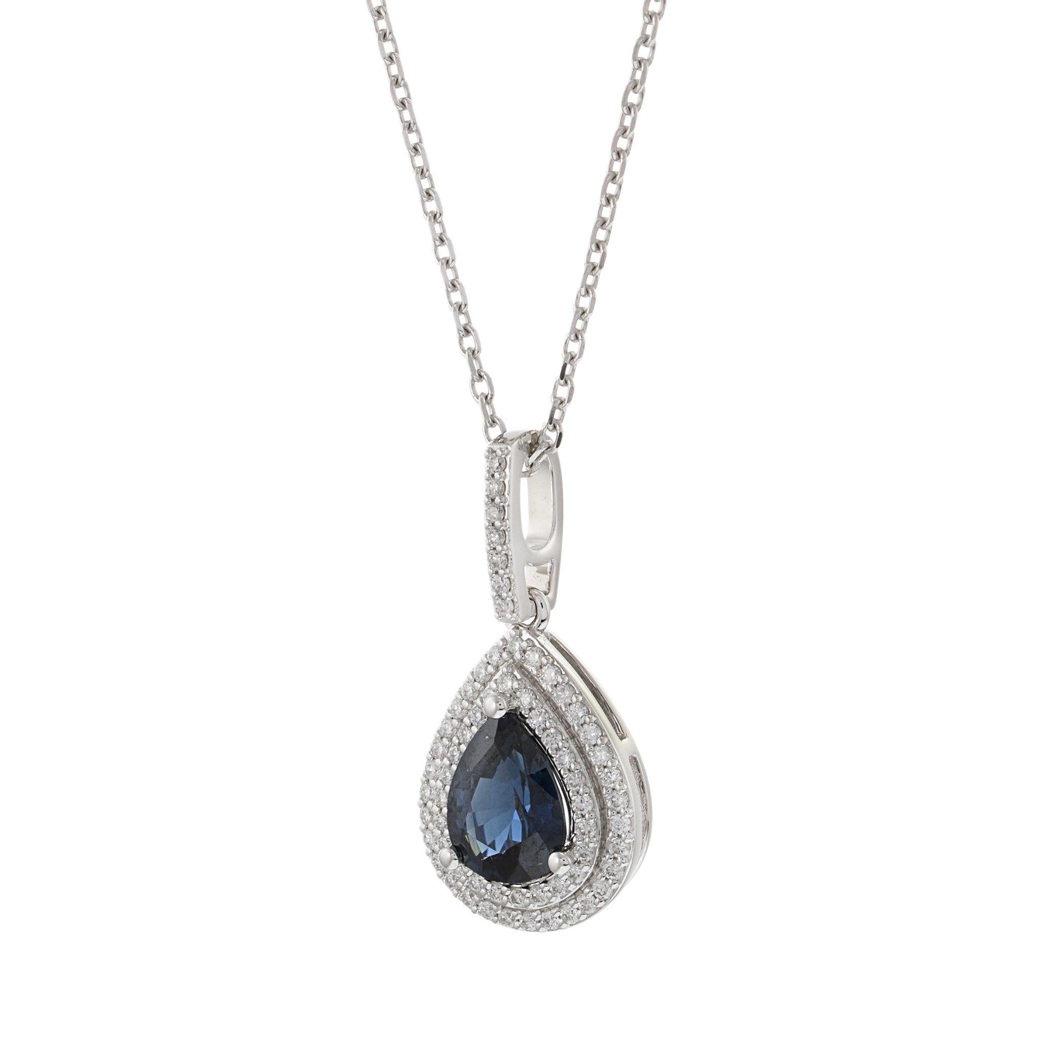 Modern 14KT White Gold Pear Shaped Sapphire and Diamond Pendant Necklace For Sale