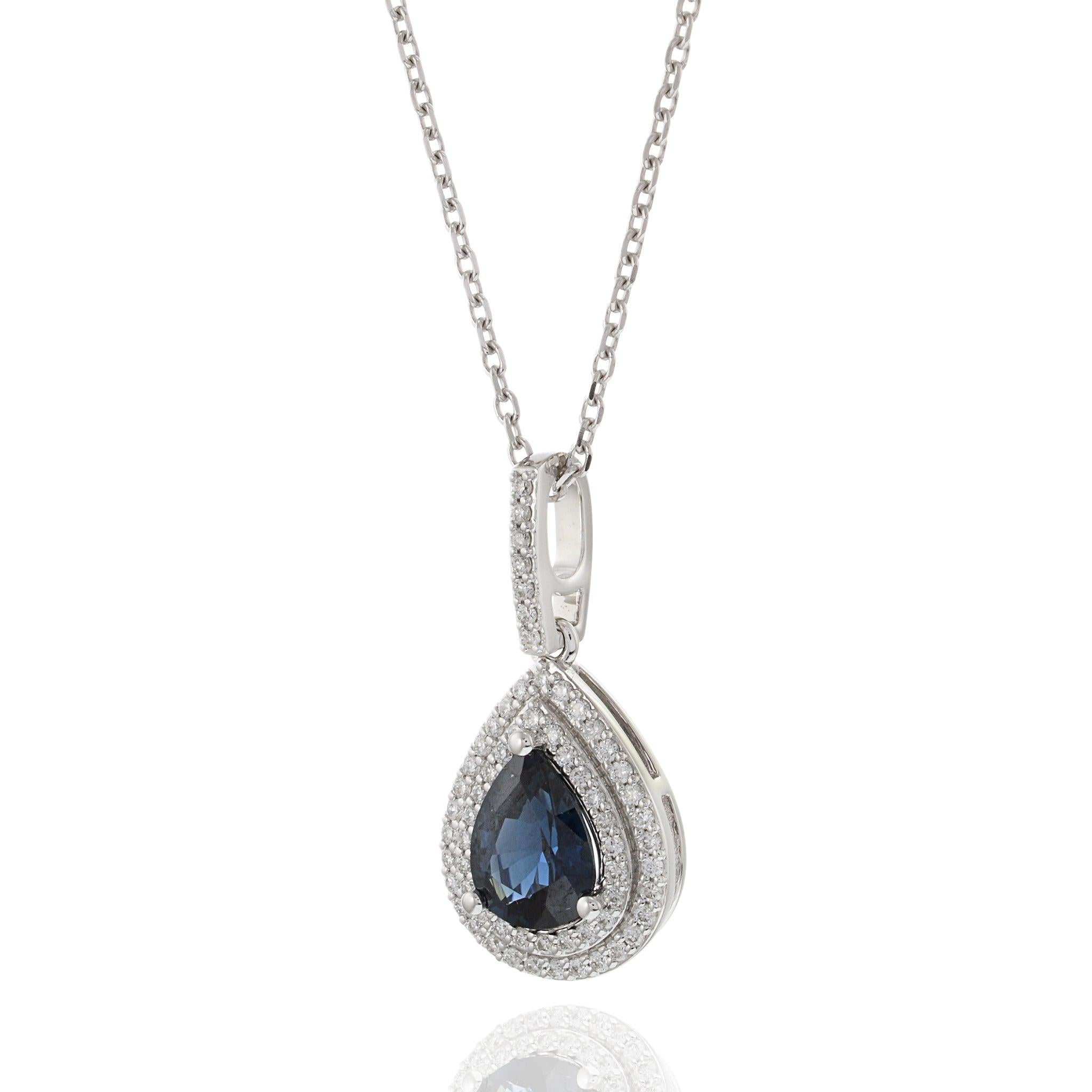 Pear Cut 14KT White Gold Pear Shaped Sapphire and Diamond Pendant Necklace For Sale