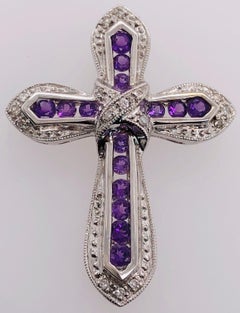 14 Karat White Gold Pendant Cross with Amethysts and Diamonds
