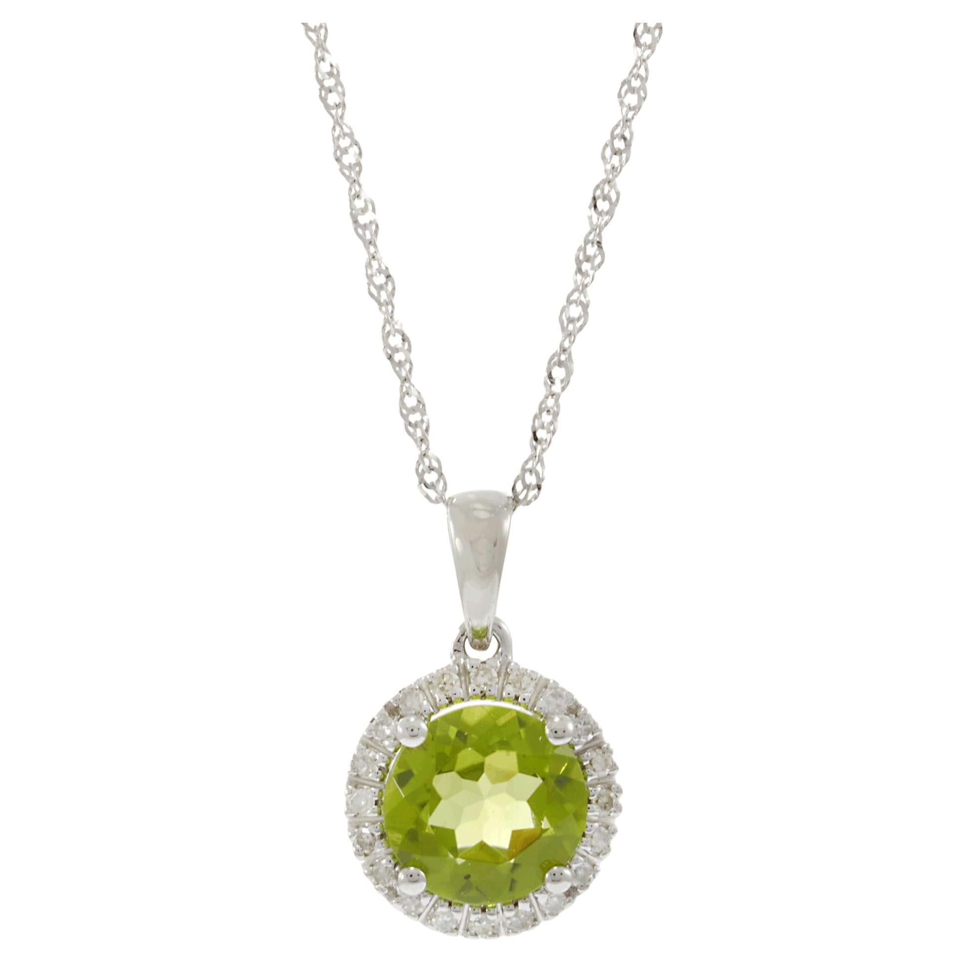 Collier pendentif halo en or blanc 14KT à péridot et diamant