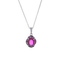 14KT White Gold Pink Oval Cut Rubellite Pendant with Multi-Color Gems Plus Chain