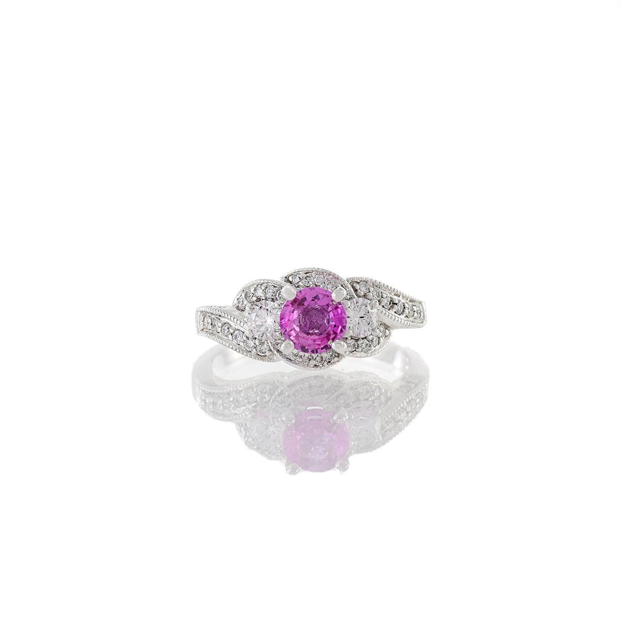 Modern 14KT White Gold Pink Sapphire And Diamond Swirl Ring For Sale
