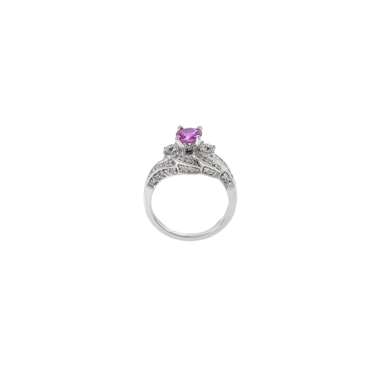 Women's or Men's 14KT White Gold Pink Sapphire And Diamond Swirl Ring For Sale
