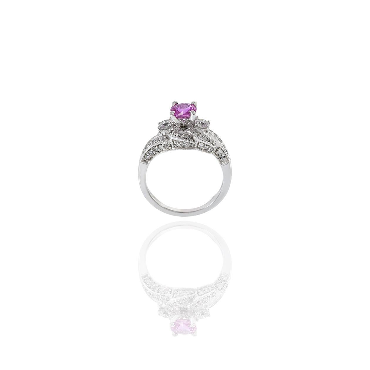 14KT White Gold Pink Sapphire And Diamond Swirl Ring For Sale 1