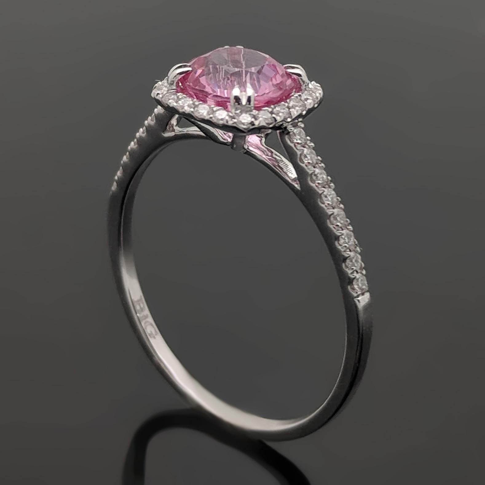 Cushion Cut 14 Karat White Gold Pink Spinel and Diamond Ring For Sale