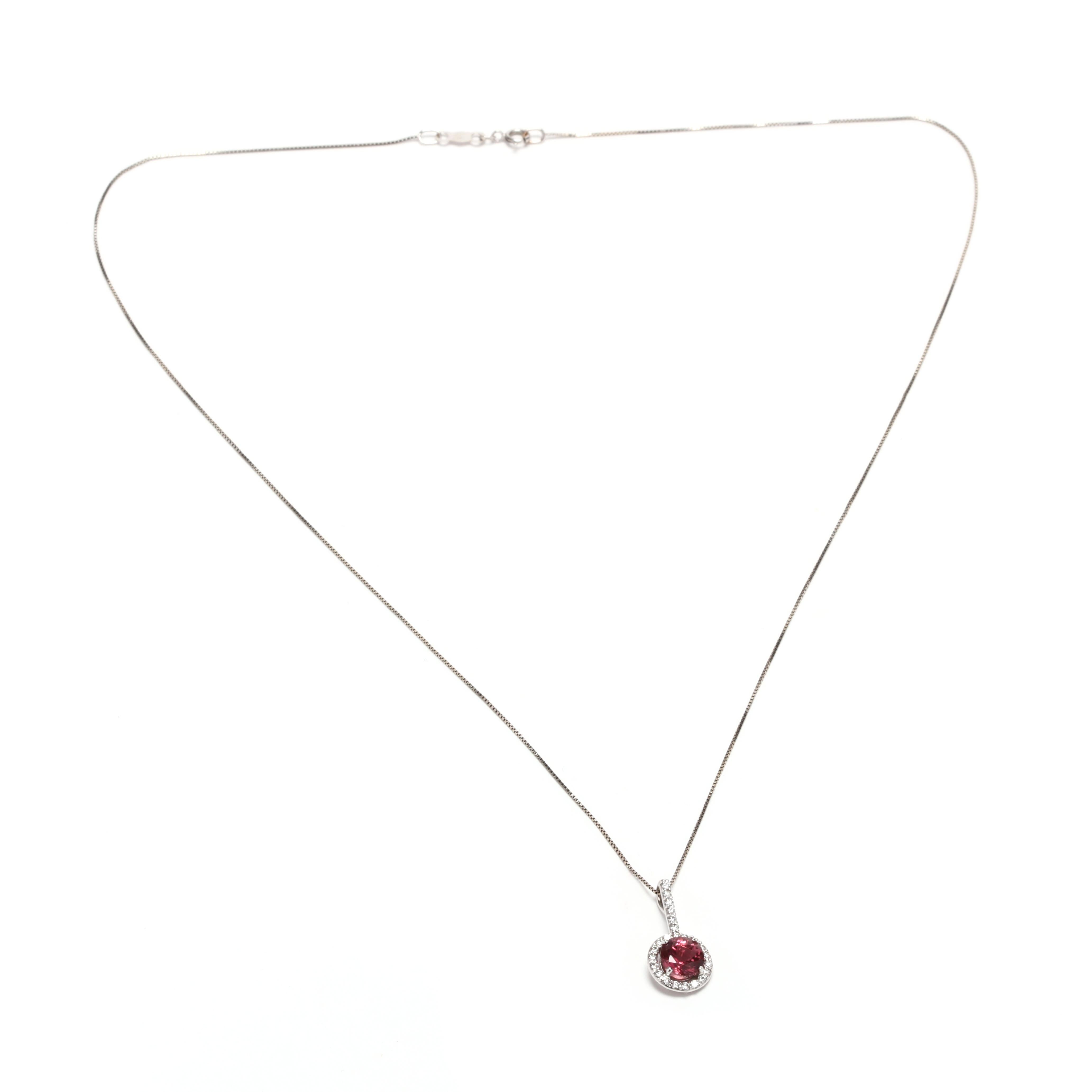 Round Cut 14 Karat White Gold, Pink Tourmaline, and Diamond Pendant Necklace