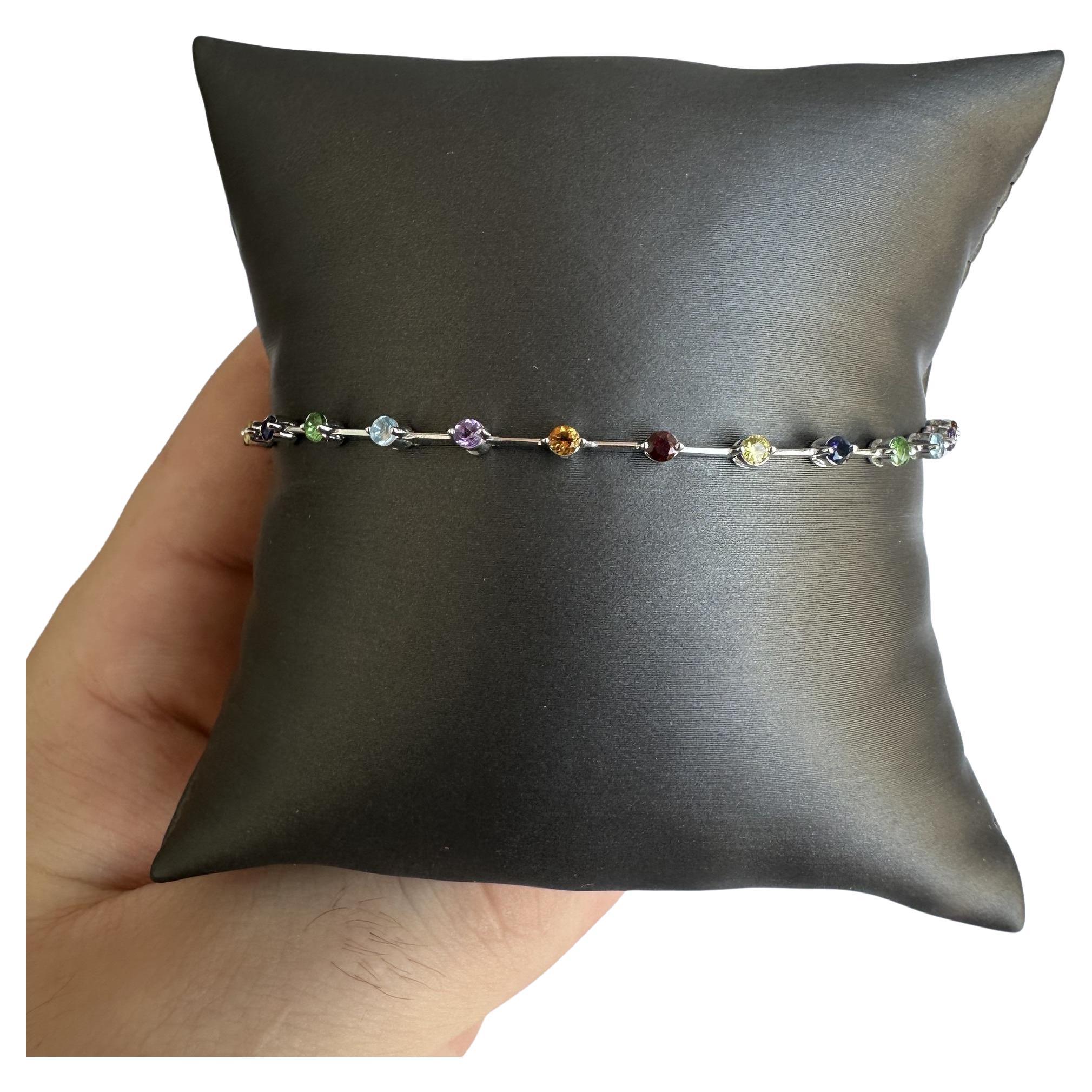 14kt White Gold Rainbow Gemstone Bracelet - 1.46ctw Natural Mixed Gemstones, 7"