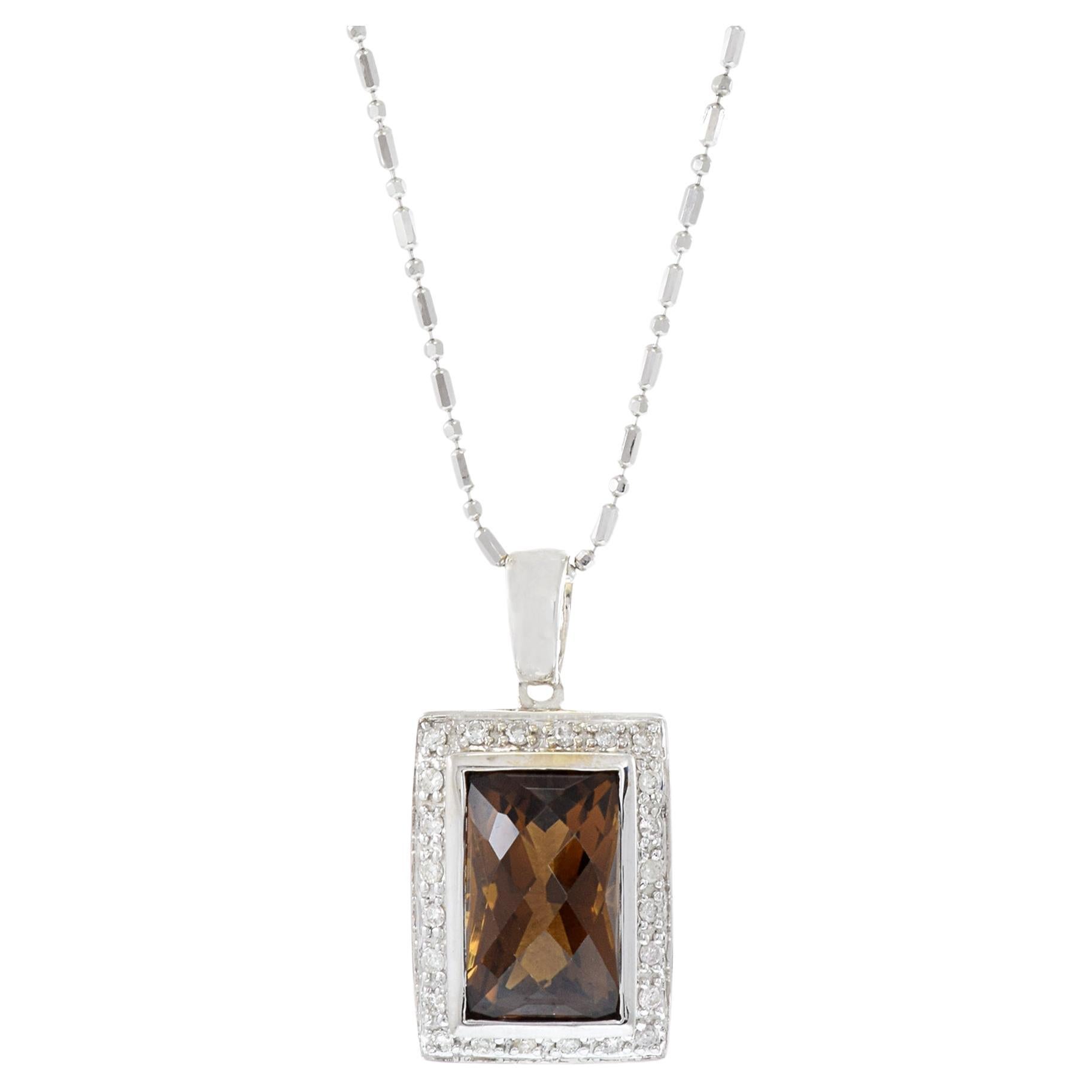 14KT White Gold Rectangular Cut Smokey Topaz And Diamond Necklace
