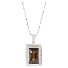 14KT White Gold Rectangular Cut Smokey Topaz And Diamond Necklace