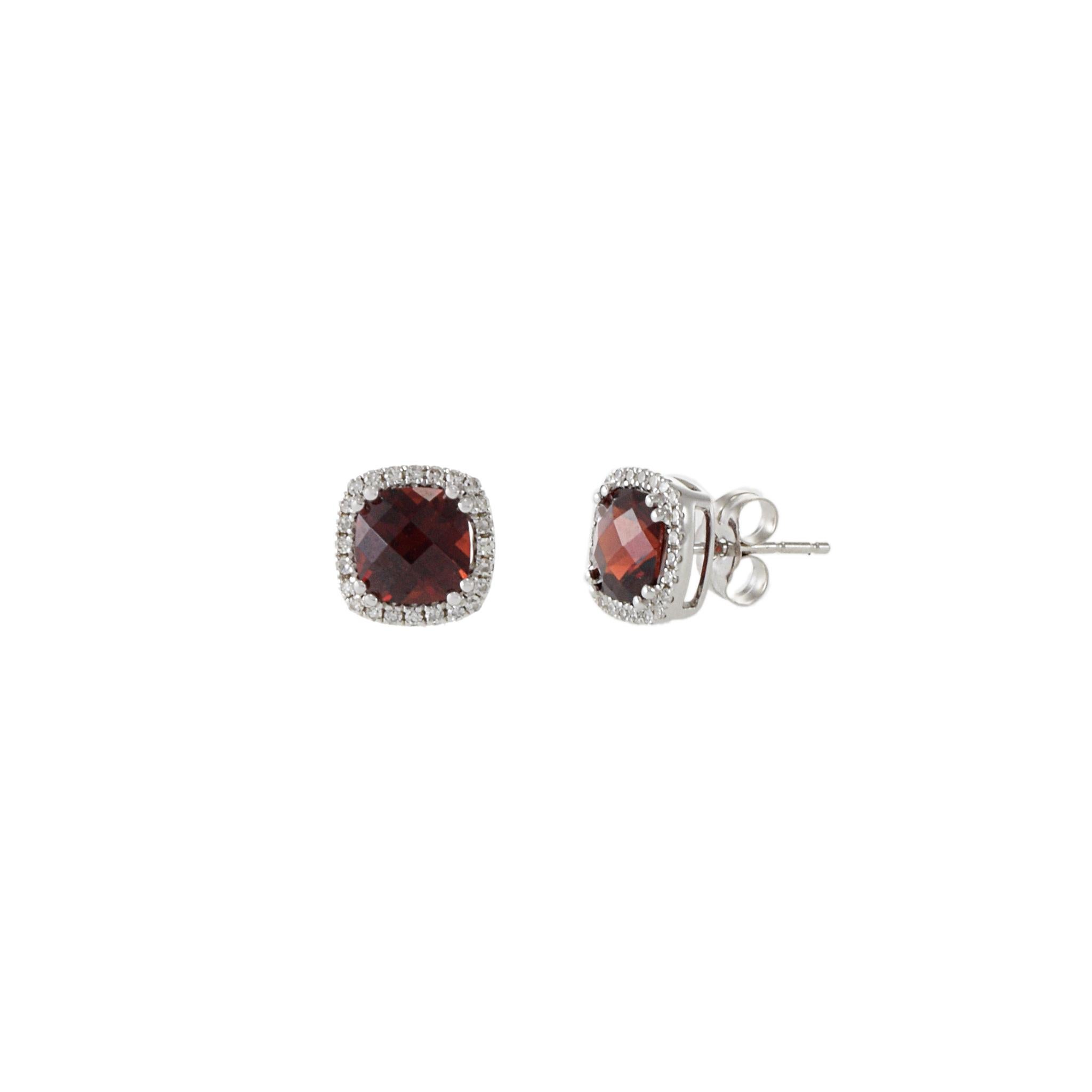 Taglio cuscino Orecchini con granato rosso e diamanti in oro bianco 14KT in vendita