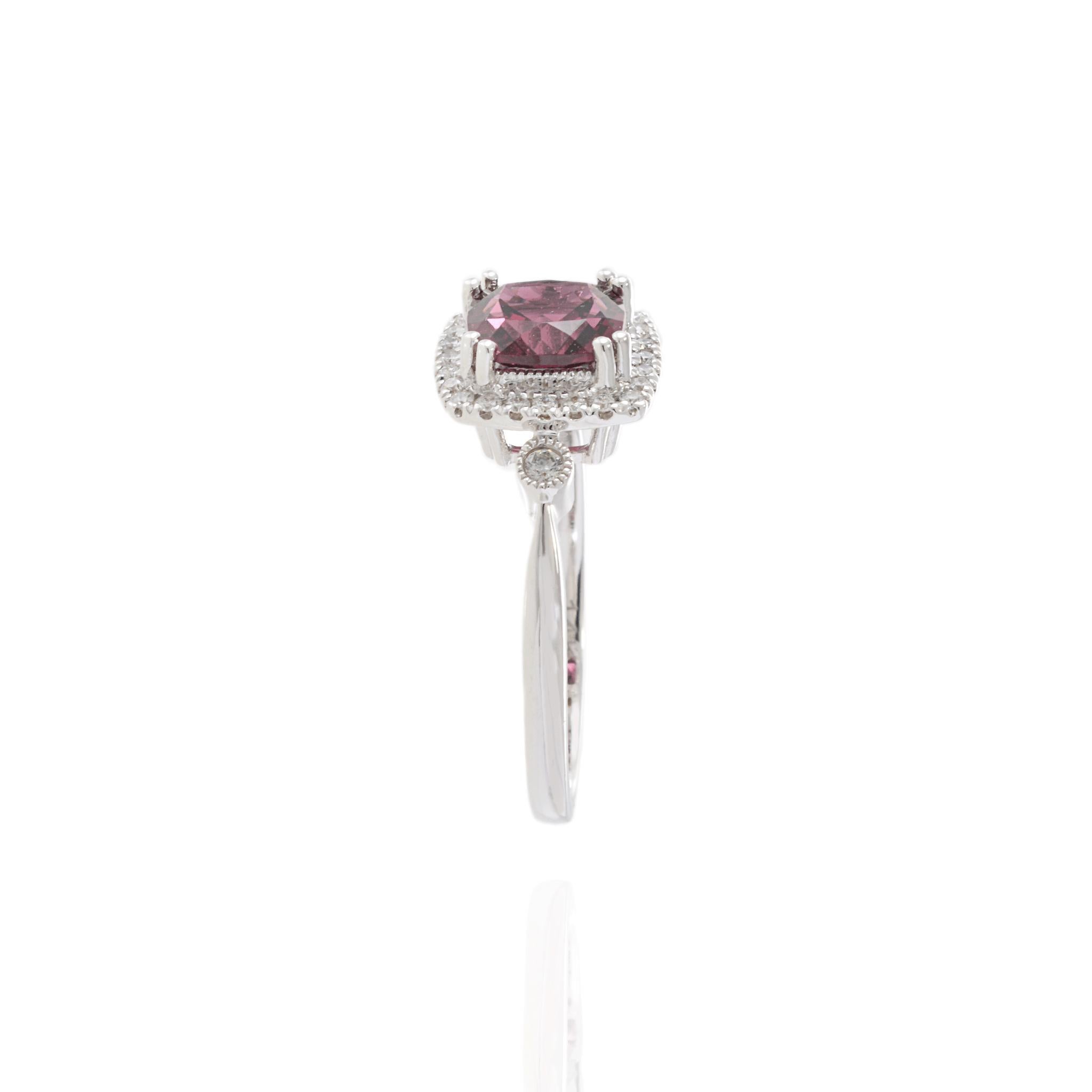 Women's 14KT White Gold Rhodolite and Diamond Double Halo Ring For Sale