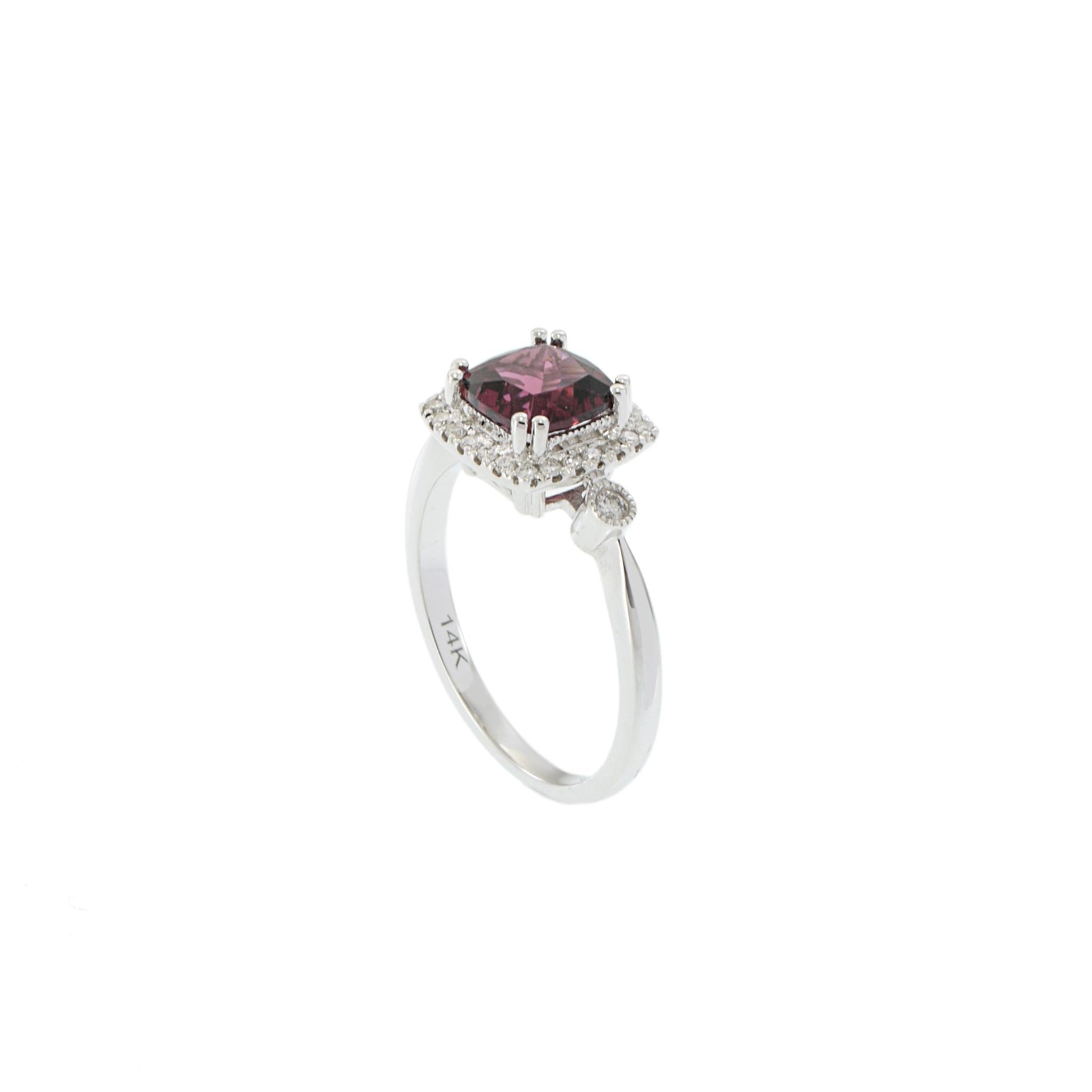14KT White Gold Rhodolite and Diamond Double Halo Ring For Sale 2
