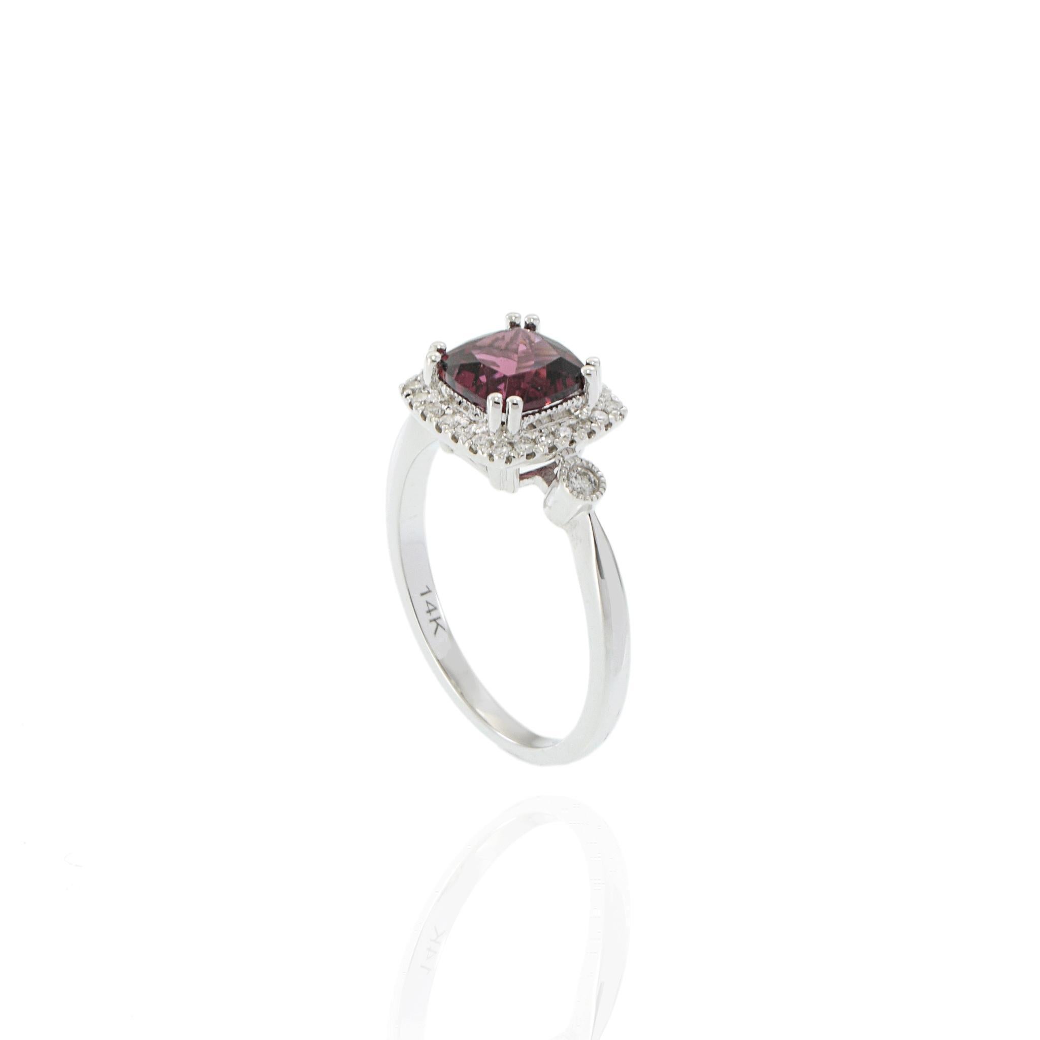 14KT White Gold Rhodolite and Diamond Double Halo Ring For Sale 3