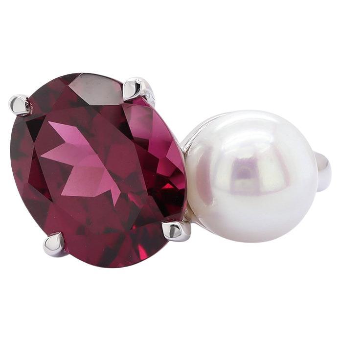 Bague Toi et Moi en or blanc 14kt grenat rhodolite et perle en vente