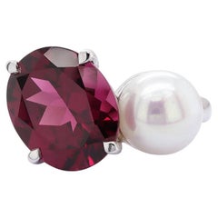 Bague Toi et Moi en or blanc 14kt grenat rhodolite et perle