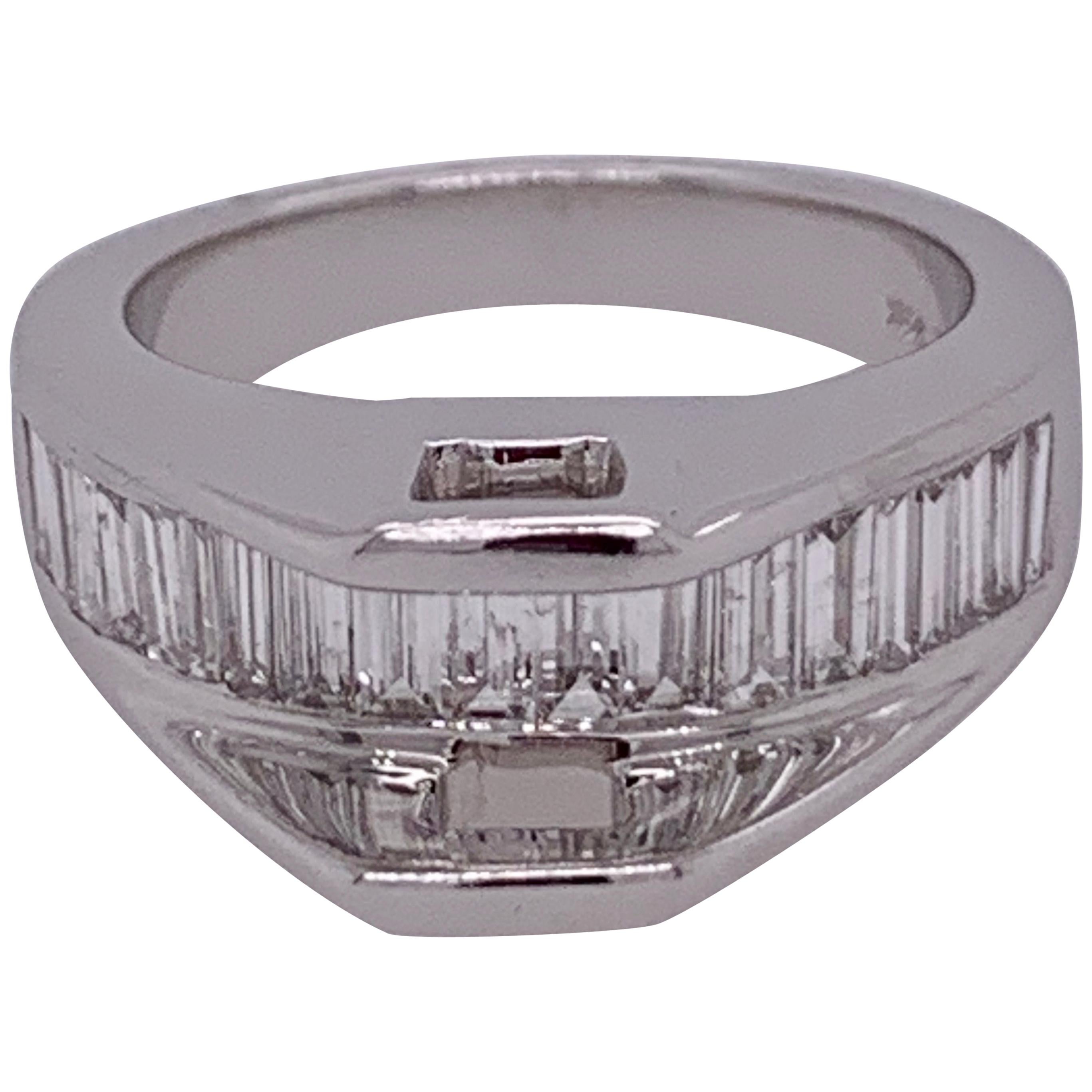 14 Karat White Gold Ring Wedding Band with Diamond Baguettes For Sale