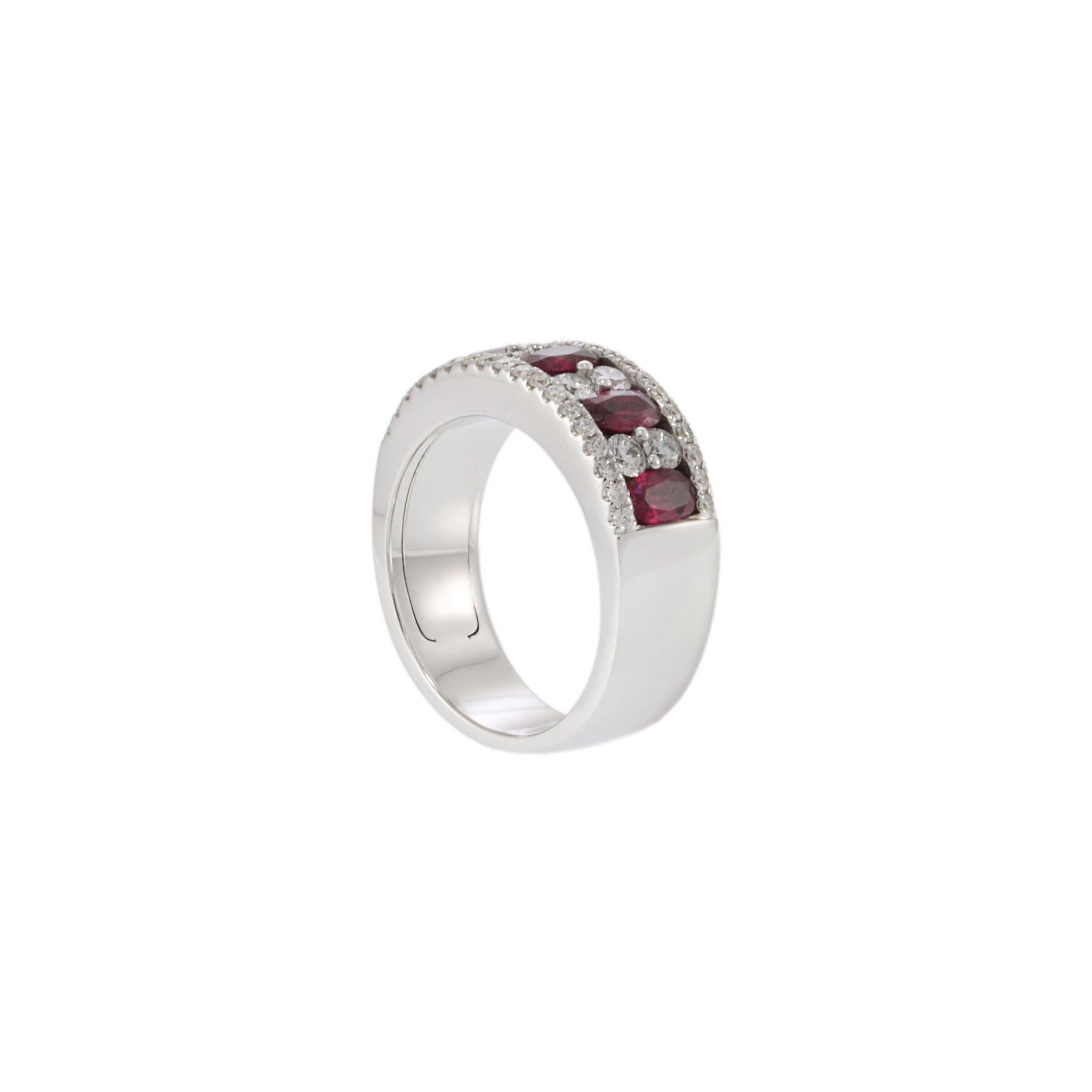 Modern 14KT White Gold Ring with Alternating Round Cut Diamonds and Rubies For Sale