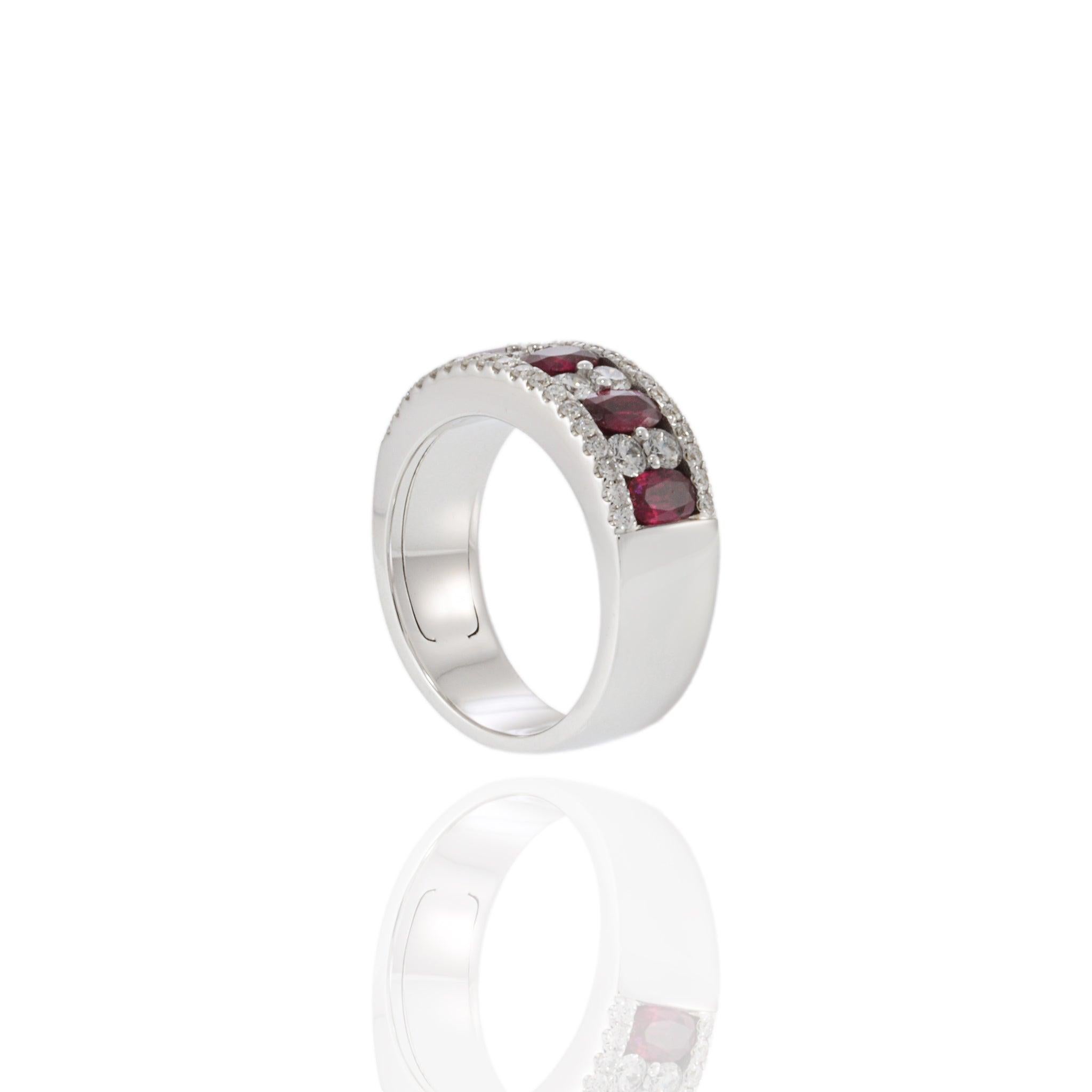 Women's 14KT White Gold Ring with Alternating Round Cut Diamonds and Rubies For Sale