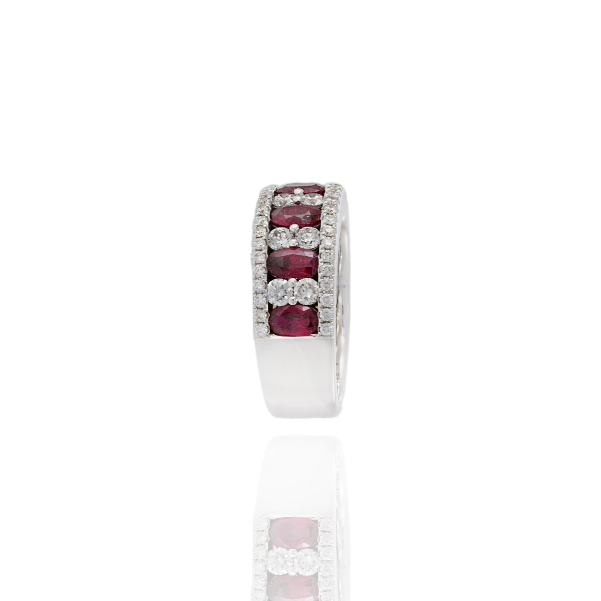 14KT White Gold Ring with Alternating Round Cut Diamonds and Rubies For Sale 1