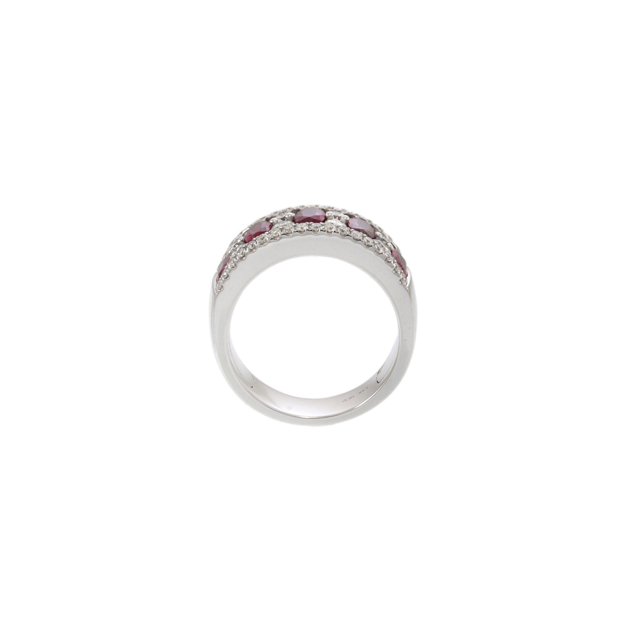 14KT White Gold Ring with Alternating Round Cut Diamonds and Rubies For Sale 2