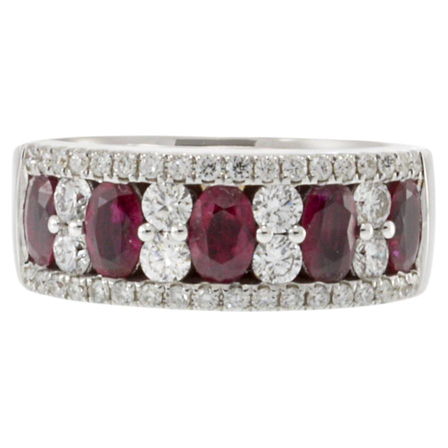 14KT White Gold Ring with Alternating Round Cut Diamonds and Rubies