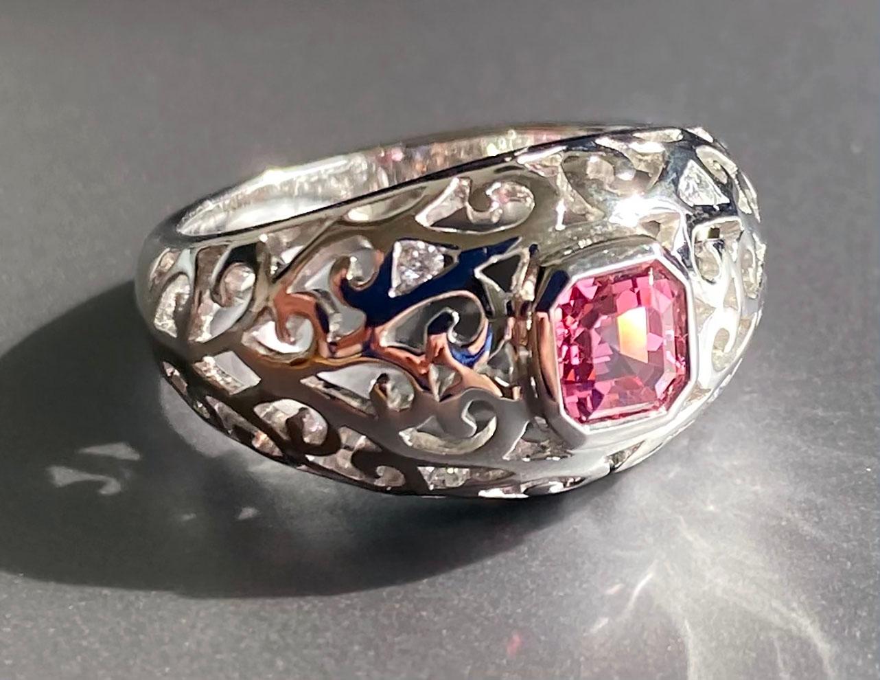 14kt White Gold Pinky Ring set with 0.09 Carats - 4 accent Diamonds & a 0.82 Carat octagon cut Pink Spinel. The ring is a size 7.

Originally from San Diego, California, Kary Adam lived in the “Gem Capital of the World” - Bangkok, Thailand, sourcing