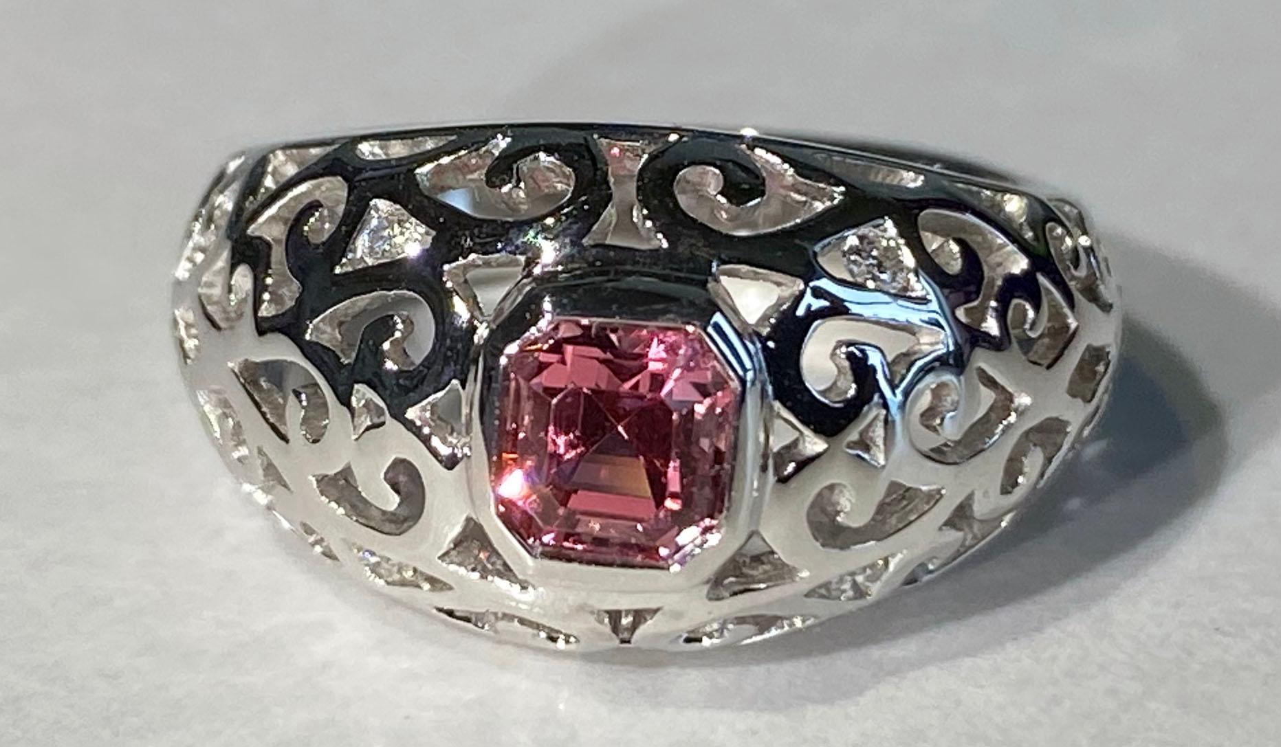 Asscher Cut 14kt White Gold Ring with Diamonds & Pink Spinel For Sale
