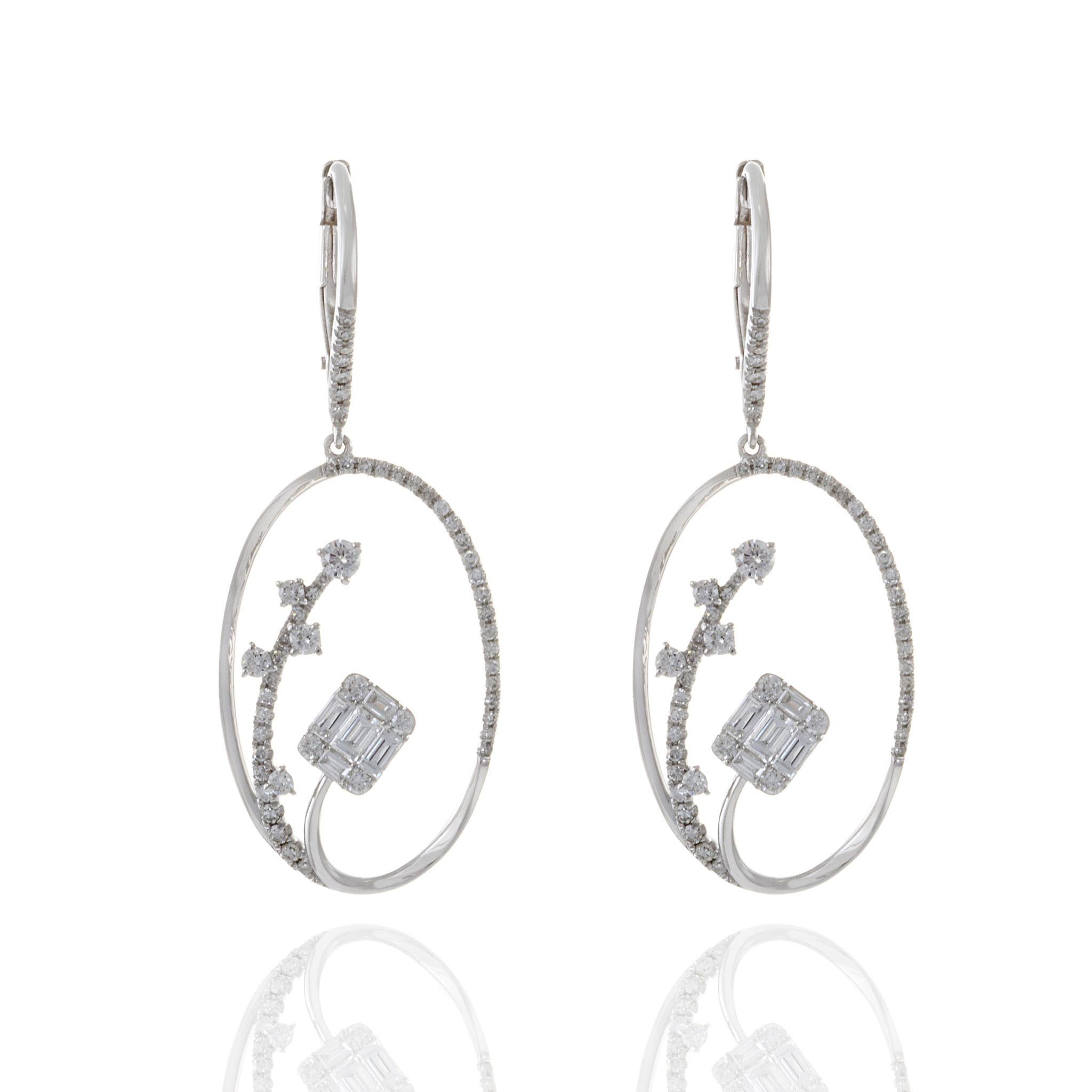 Modern 14KT White Gold Round And Baguette Oval Drop Earrings For Sale