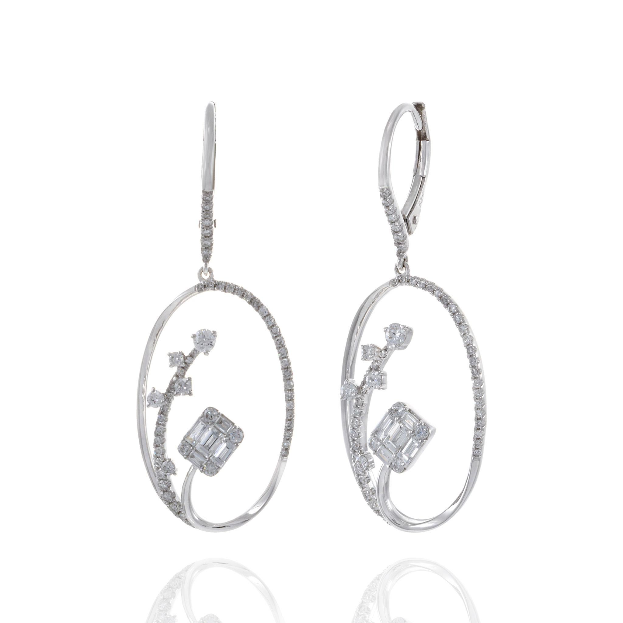 14KT White Gold Round And Baguette Oval Drop Earrings In New Condition For Sale In New York, NY