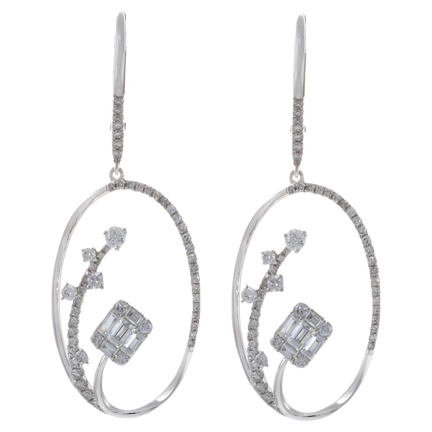 14KT White Gold Round And Baguette Oval Drop Earrings