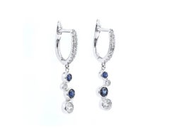 14KT White Gold Round Blue Sapphire and Diamond Bezel Set Bubbled Drop Earrings
