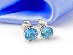14KT White Gold Round Blue Topaz Bezel-Set Stud Earrings