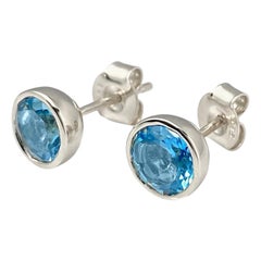 14KT White Gold Round Blue Topaz Bezel-Set Stud Earrings