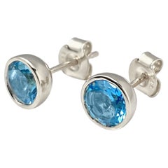 14KT White Gold Round Blue Topaz Bezel-Set Stud Earrings