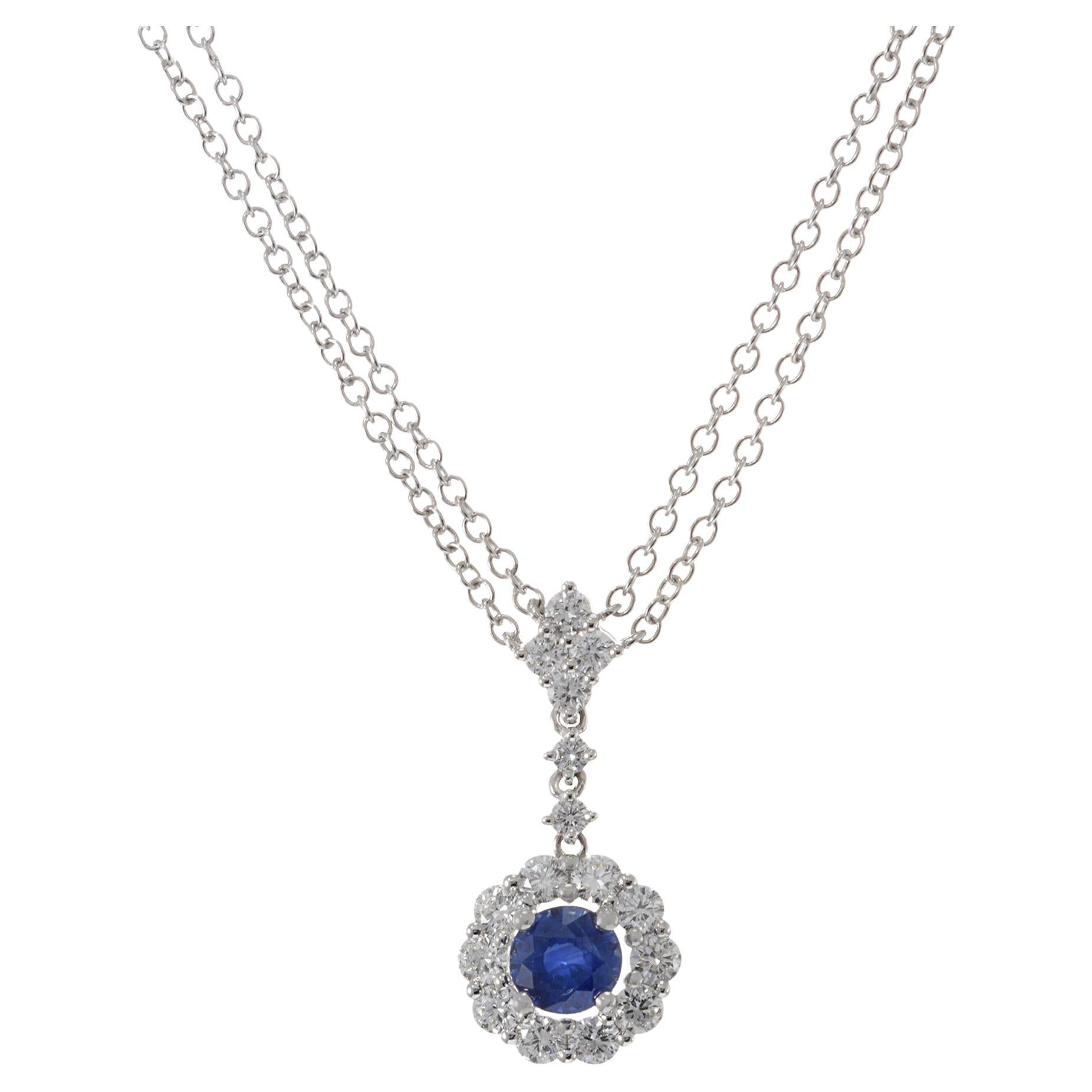 14KT White Gold Round Cut Blue Sapphire and Diamond Pendant with Double Chain