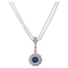 14KT White Gold Round Cut Blue Sapphire and Diamond Pendant with Double Chain
