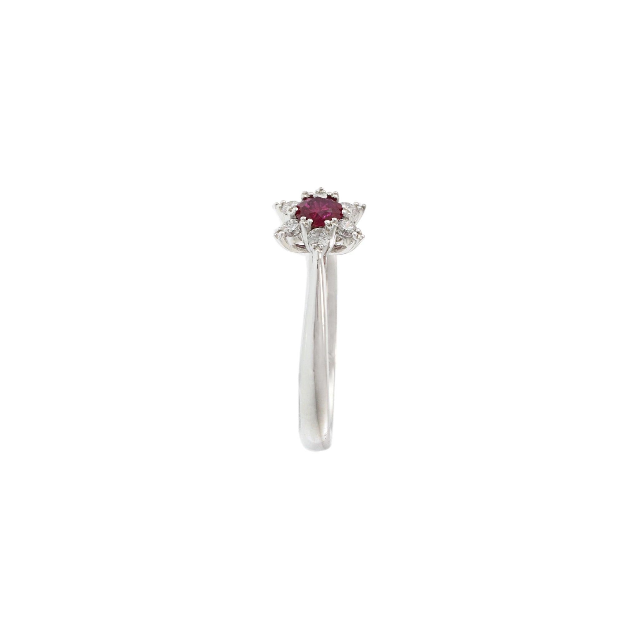 Women's 14KT White Gold Round Cut Diamond and Ruby Center Starburst Ring For Sale