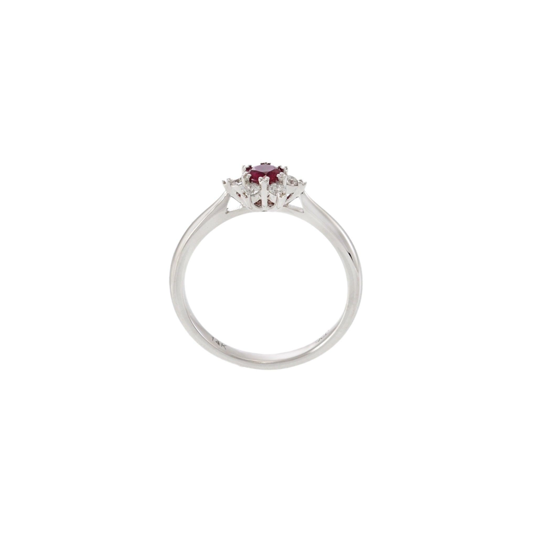 14KT White Gold Round Cut Diamond and Ruby Center Starburst Ring For Sale 1