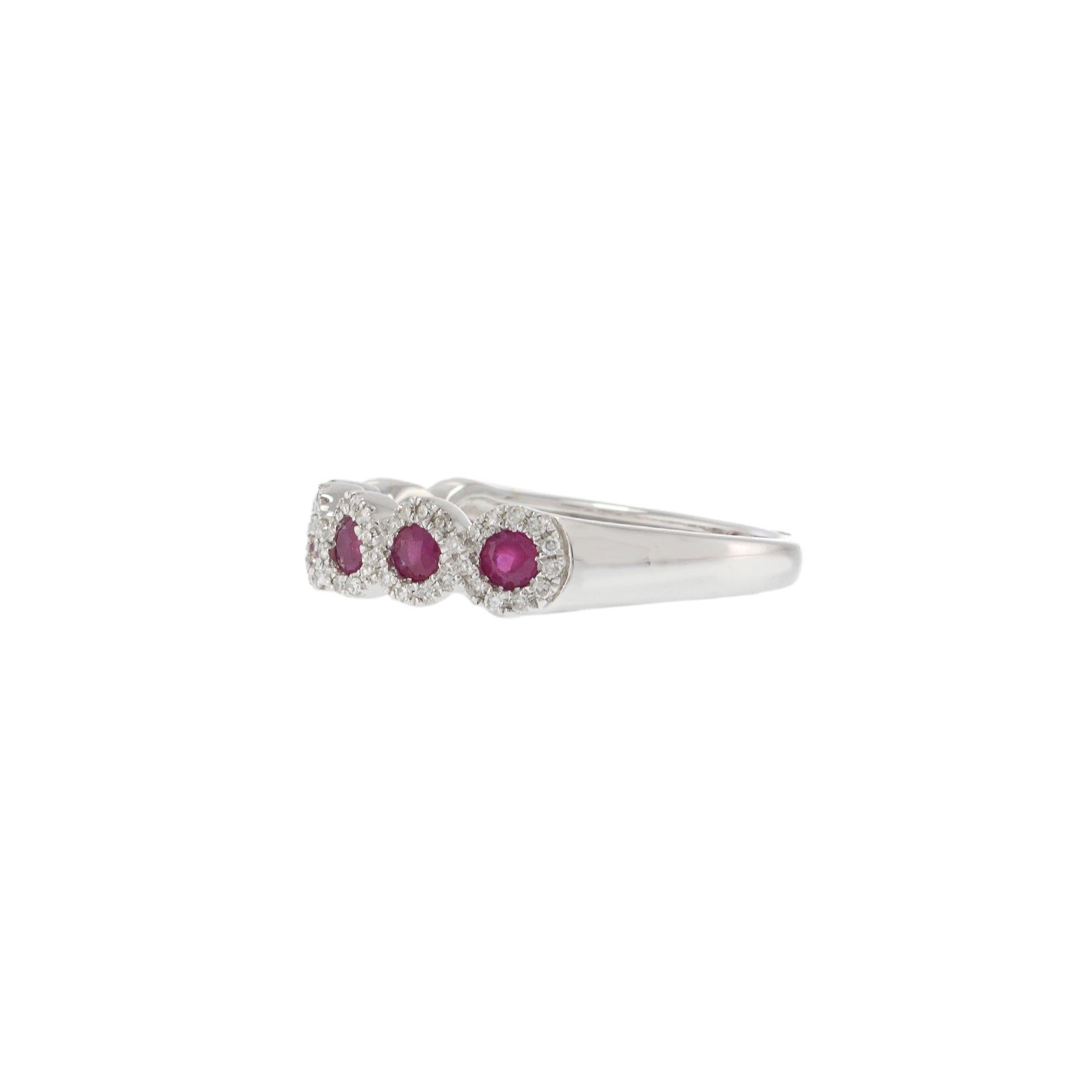 Modern 14KT White Gold Round Cut Diamond and Ruby Ring