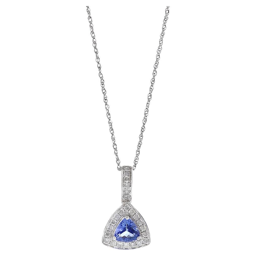 14KT White Gold Round Cut Diamond And Tanzanite Diamond Drop Necklace