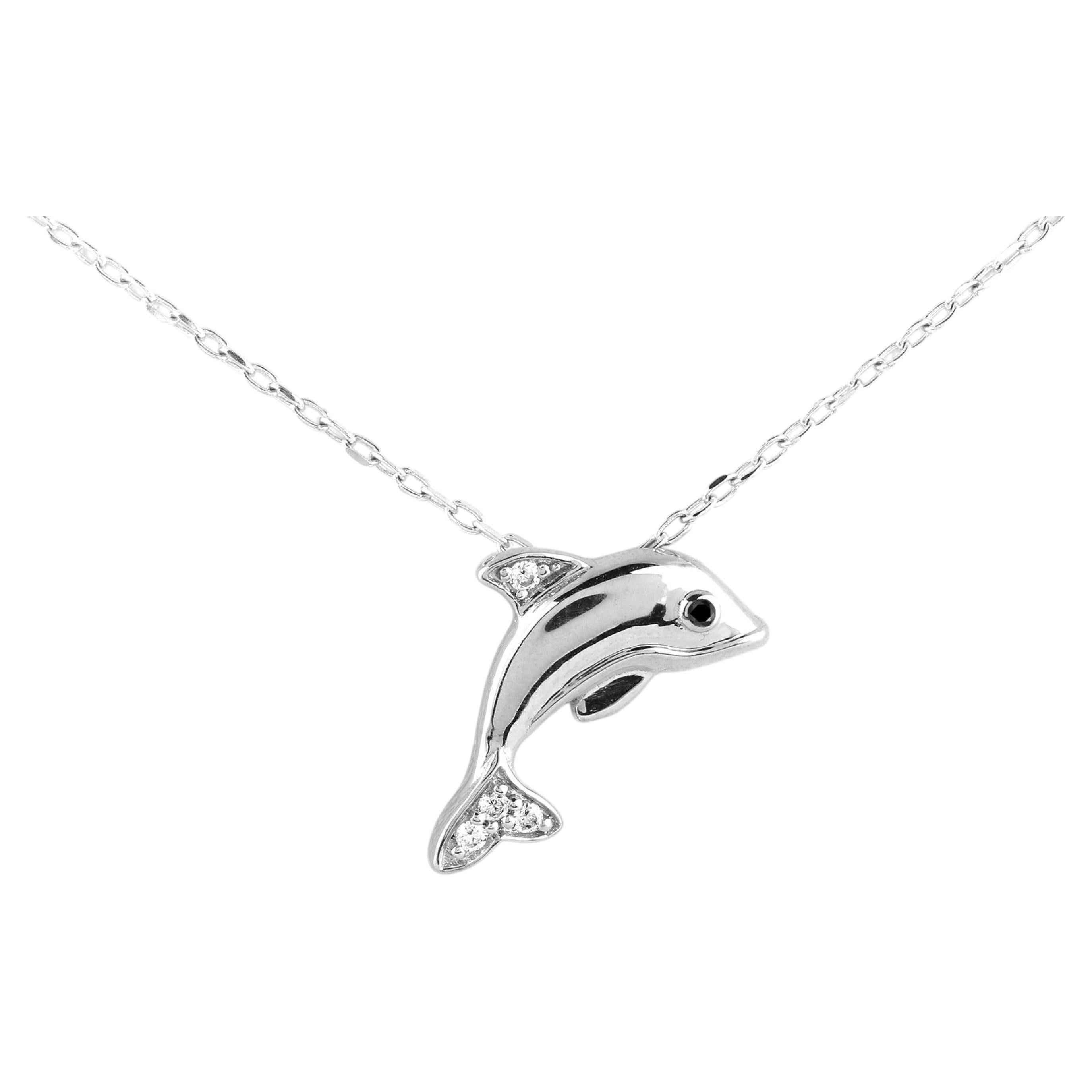 14KT White Gold Round Cut Diamond Dolphin Pendant Necklace