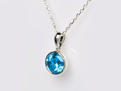 14KT White Gold Round Cut Swiss Blue Topaz Bezel Solitaire Pendant Necklace