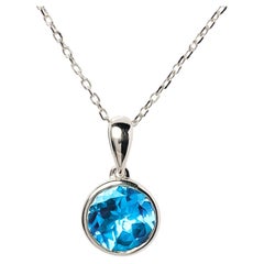 14KT White Gold Round Cut Swiss Blue Topaz Bezel Solitaire Pendant Necklace