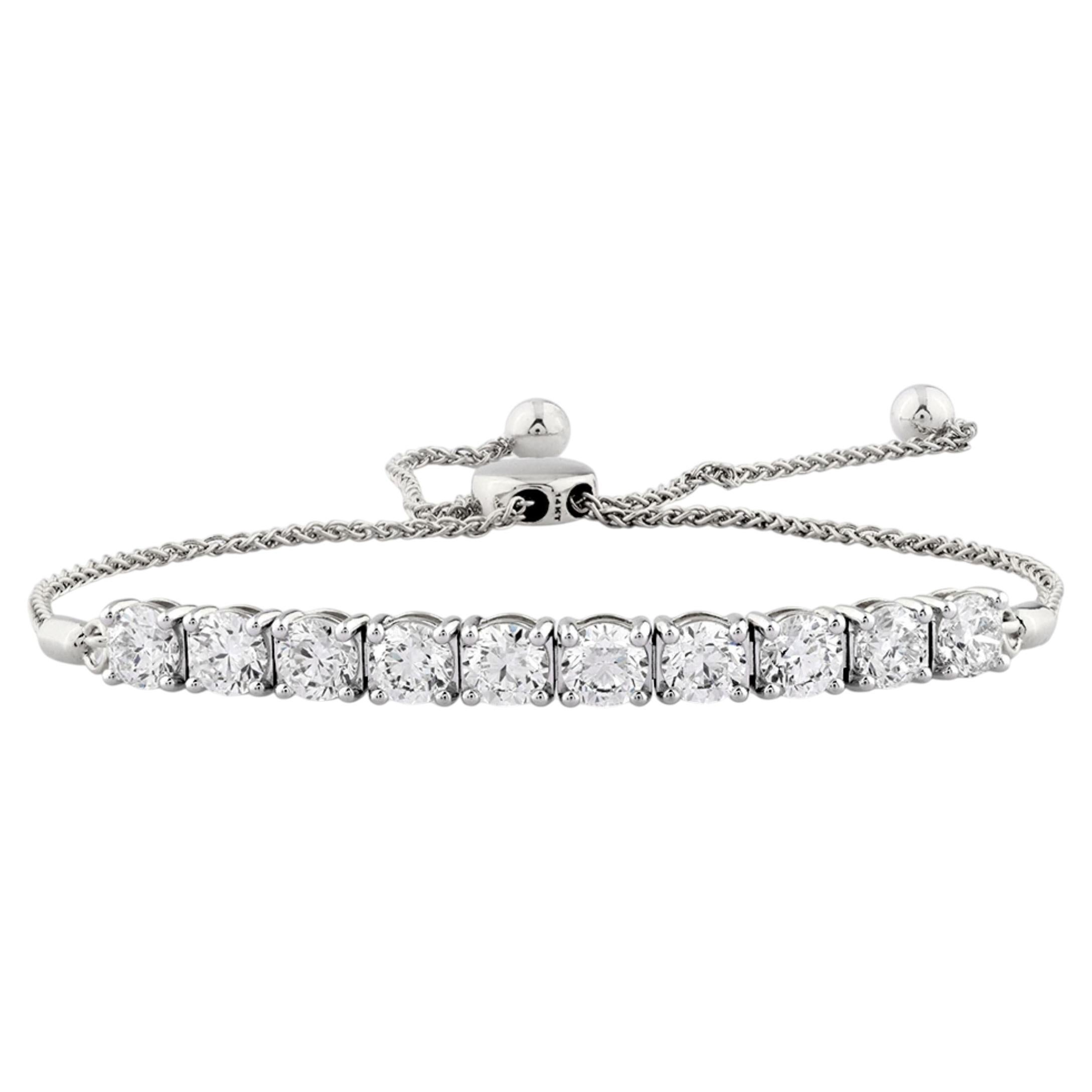 Pulsera tipo bolo ajustable de oro blanco de 14 quilates con diamantes redondos de 3,0 quilates