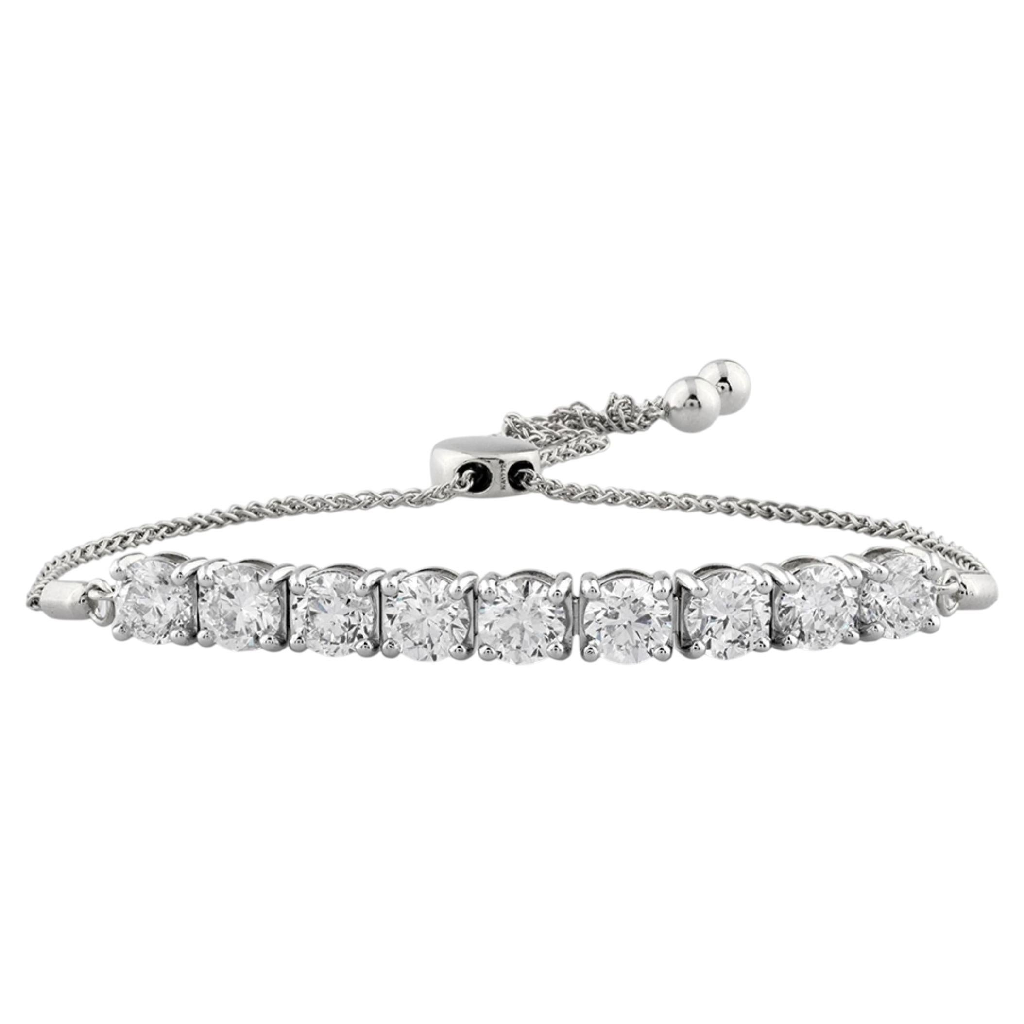 14KT White Gold Round Diamond 4.05 Cts Adjustable Bolo Bracelet