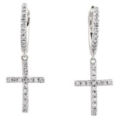 14KT White Gold Round Diamond Divine Radiance Pave Cross Huggie Earrings